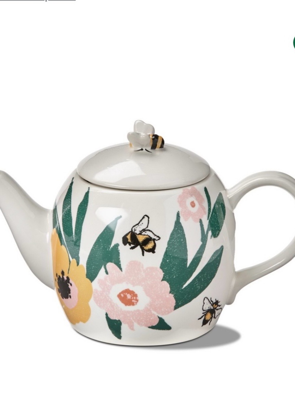 Bee 🐝 Blossom 🌼 Floral  Ceramic Teapot - White with Pink, Yellow & Green